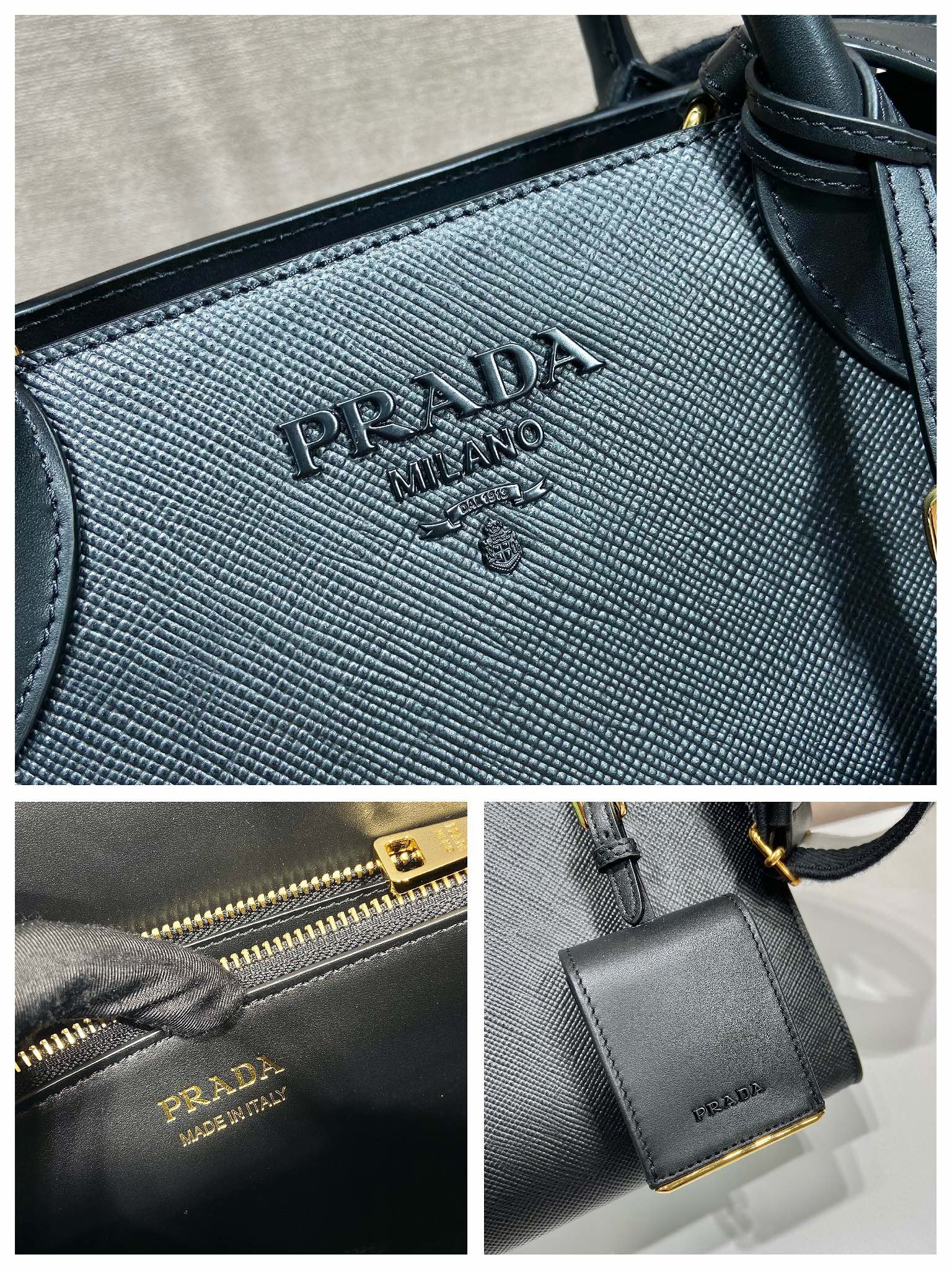 Prada Saffiano Leather Handbag Bag Tote Black 1BA156